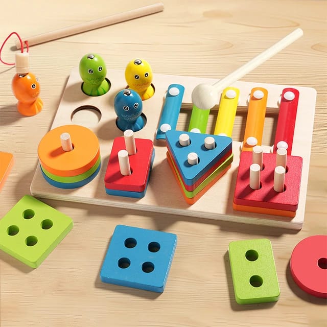 Wooden Multicolour Geometric Shape Stacking & Fishing Game With Xylophone