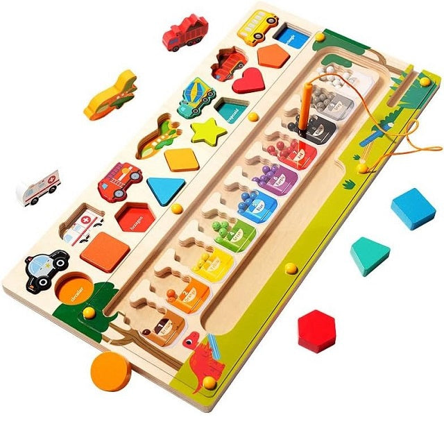 Wooden Magnetic Color Sorting Maze With Vehicle & Shape Matching Activity