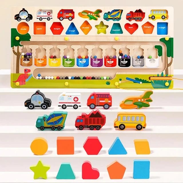 Wooden Magnetic Color Sorting Maze With Vehicle & Shape Matching Activity