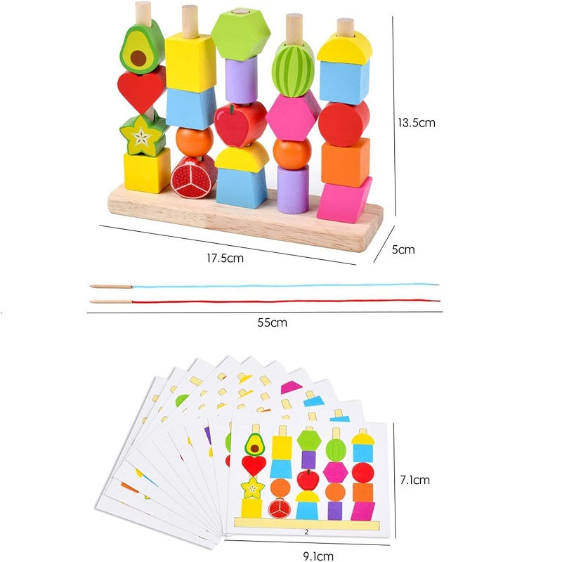 Wooden Colorful Montessori Lacing & Sorting Shapes & Fruits Set