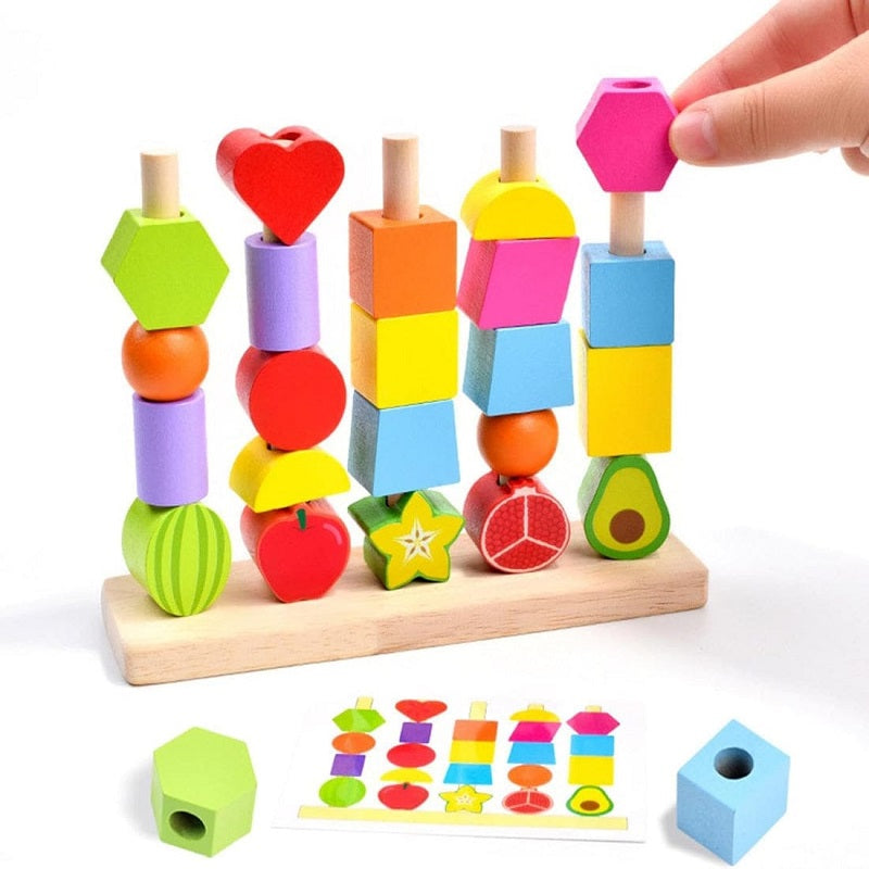 Wooden Colorful Montessori Lacing & Sorting Shapes & Fruits Set