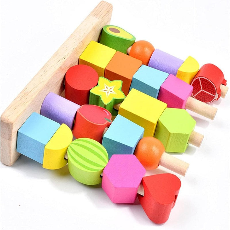 Wooden Colorful Montessori Lacing & Sorting Shapes & Fruits Set