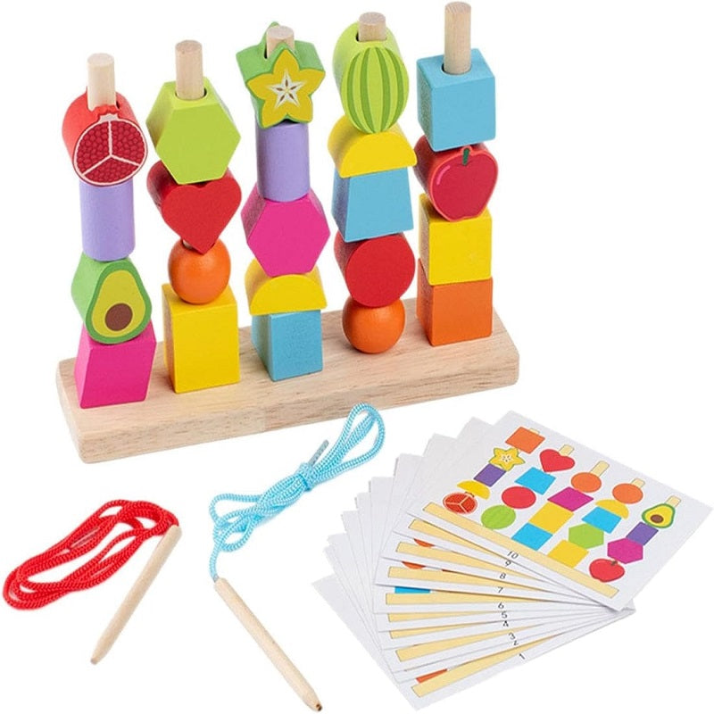 Wooden Colorful Montessori Lacing & Sorting Shapes & Fruits Set