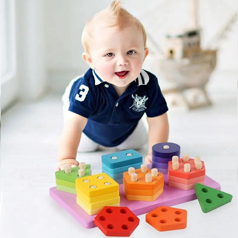 Wooden Multicolor 6 Geometric Shapes Sorting Board