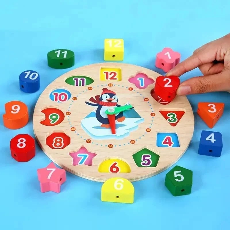 Wooden Multicolor Geometric Shape Sorting Clock With Threading Activit ...