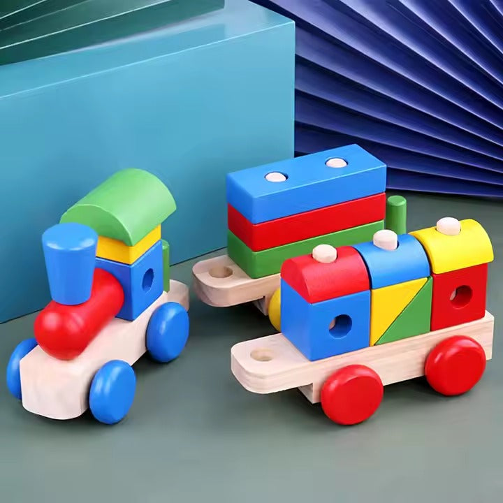 Wooden Multicolor Shapes Sorting & Stacking Train – MGT Toys