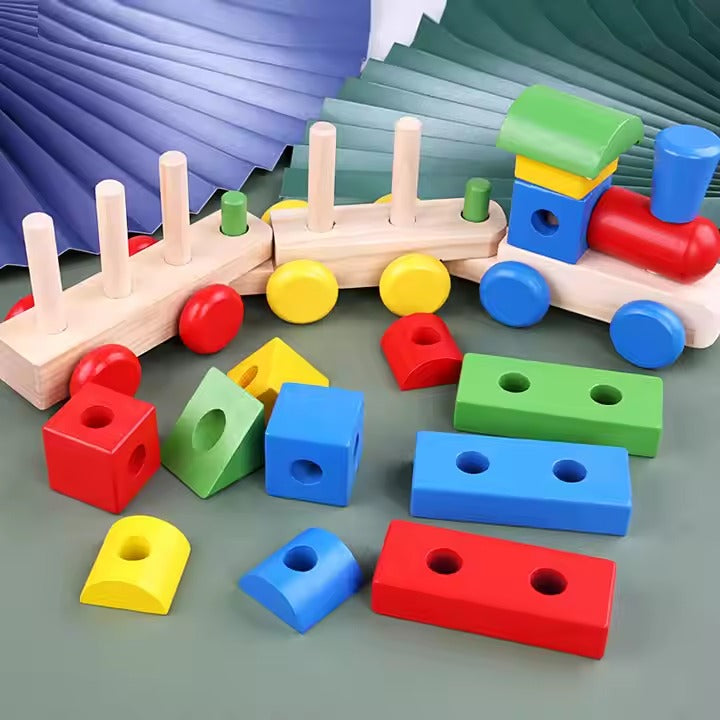 Shape Toys With Rails Wooden Multicolor Shapes Sorting & Stacking Train – MGT Toys