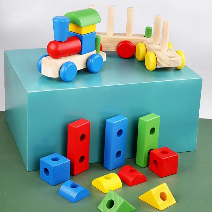 Wooden Multicolor Shapes Sorting & Stacking Train – MGT Toys