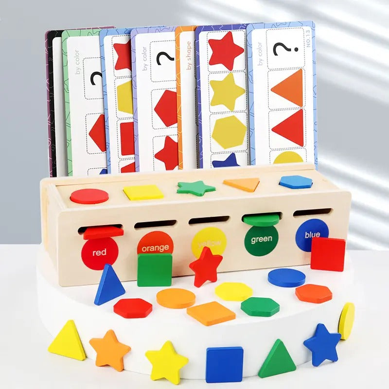 Wooden Montessori Five Shape & Colour Sorting Box With Flash Cards