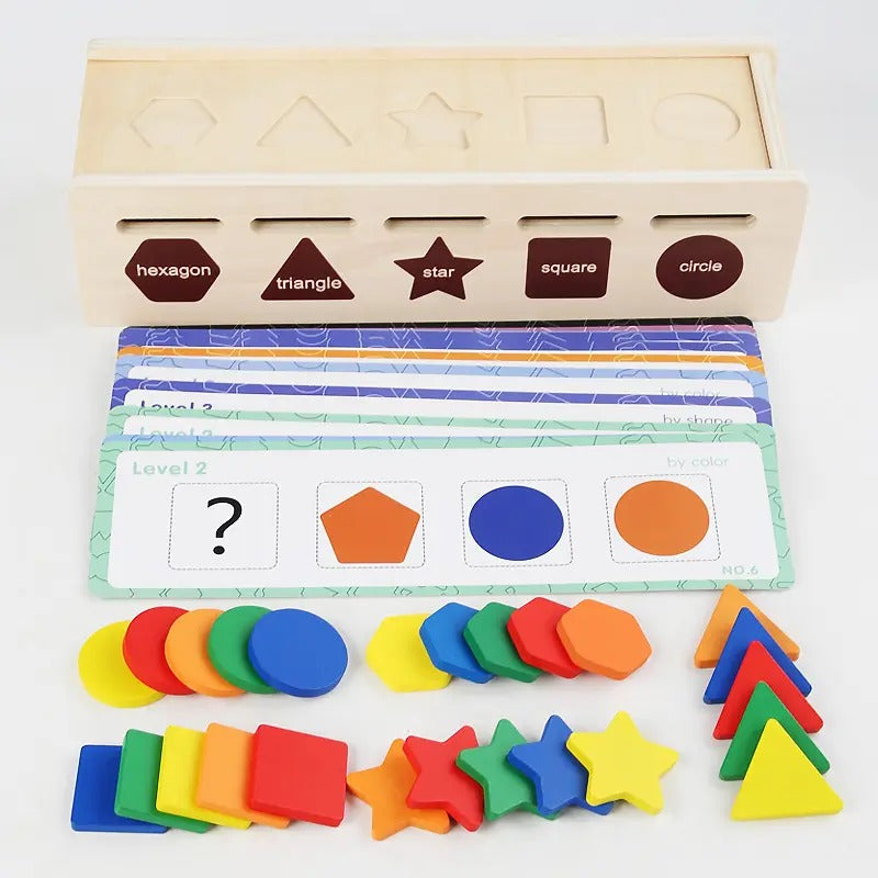 Wooden Montessori Five Shape & Colour Sorting Box With Flash Cards