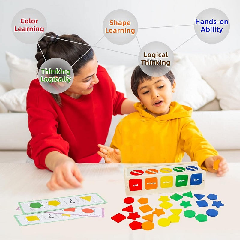 Wooden Montessori Five Shape & Colour Sorting Box With Flash Cards