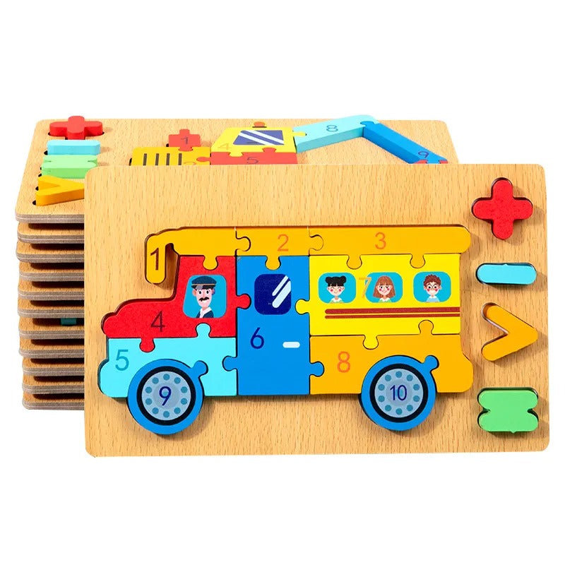 Wooden 3D Multicolor Jigsaw Puzzle Board With Numbers & Signs