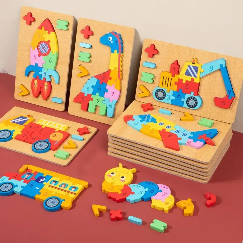 Wooden 3D Multicolor Jigsaw Puzzle Board With Numbers & Signs