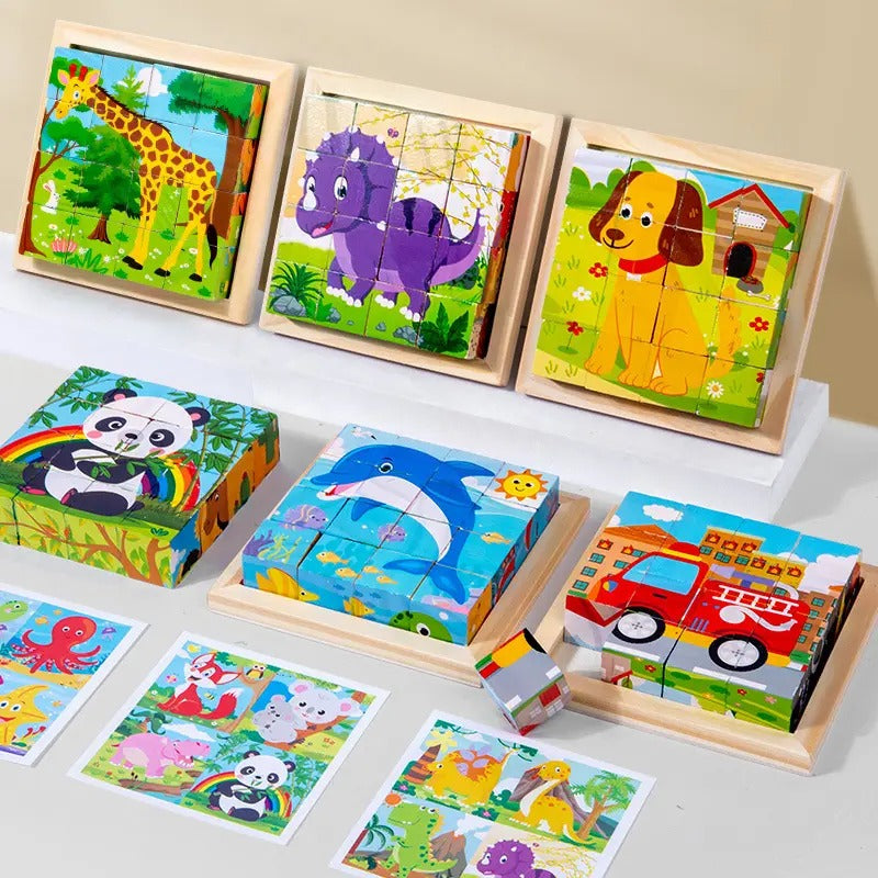 Wooden 6 in 1 Cartoons Cube Puzzles Montessori Sorting Game