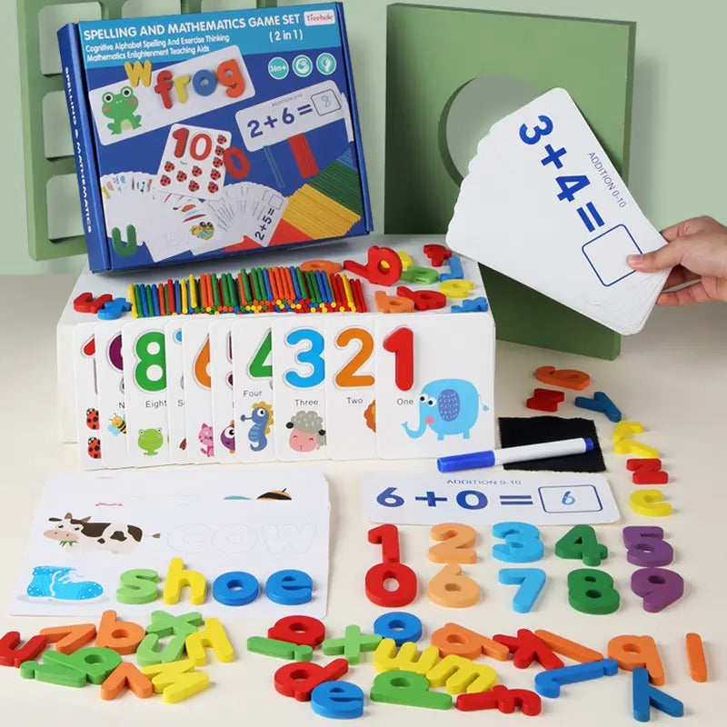 Wooden 2 In 1 Spelling & Mathematics Set With Flash Cards