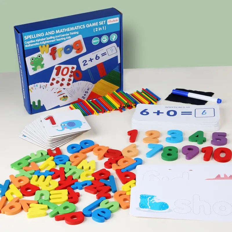 Wooden 2 In 1 Spelling & Mathematics Set With Flash Cards