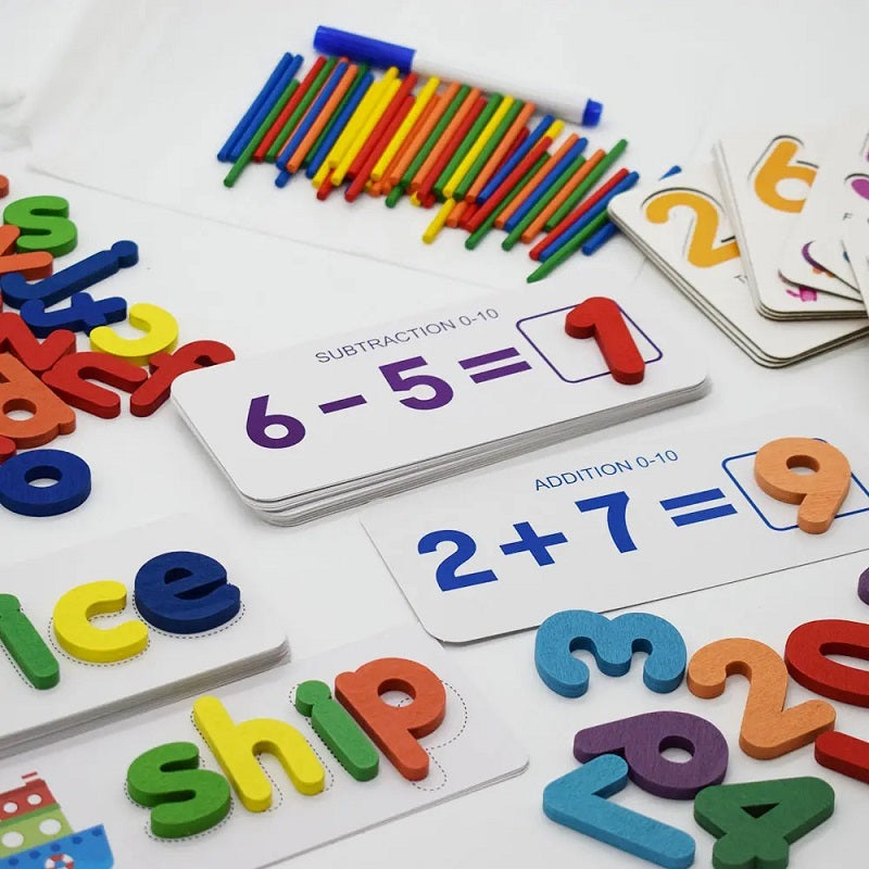 Wooden 2 In 1 Spelling & Mathematics Set With Flash Cards