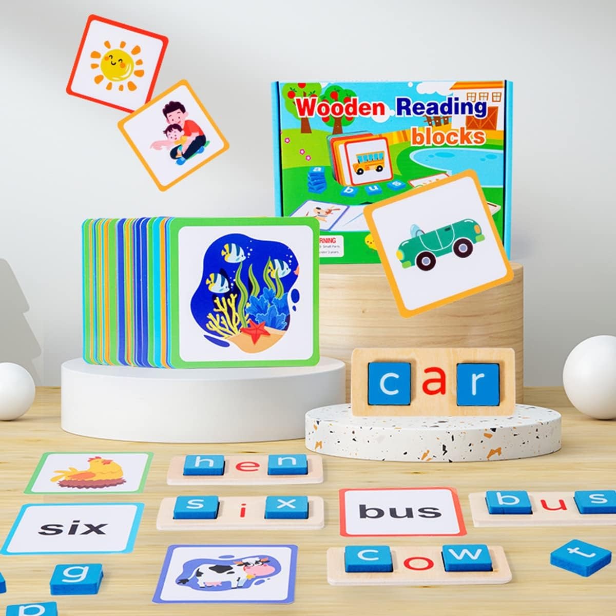 Wooden Montessori Reading Blocks With Flash Cards