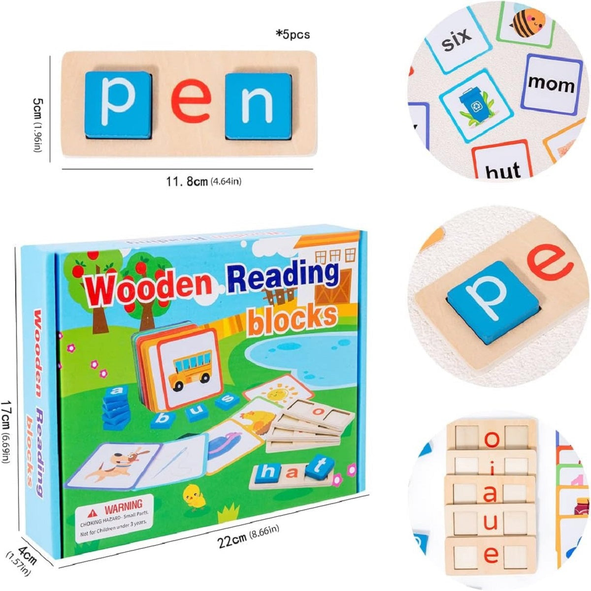 Wooden Montessori Reading Blocks With Flash Cards