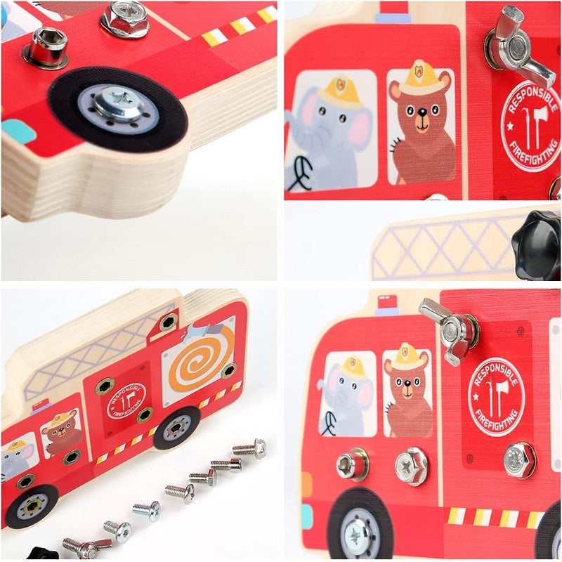 Wooden Fire Truck Screws Assembling With Tools