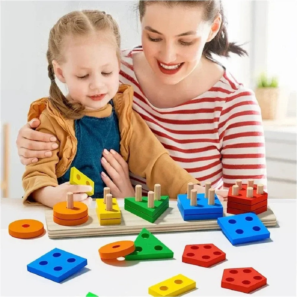 Wooden Rectangle Multicolor Geometric Shapes Sorter – MGT Toys