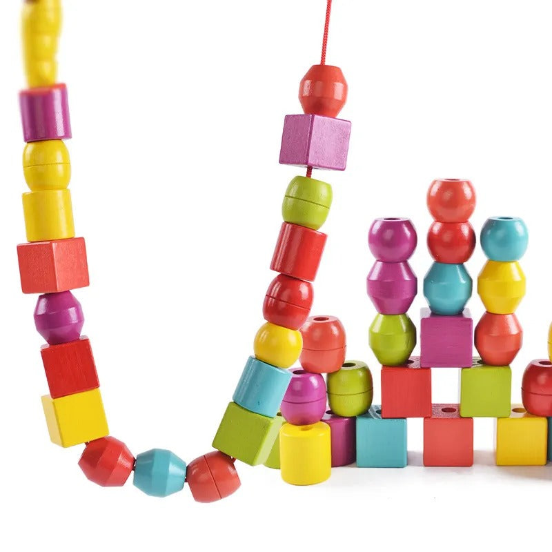 Wooden Building Blocks With Threading Lacing