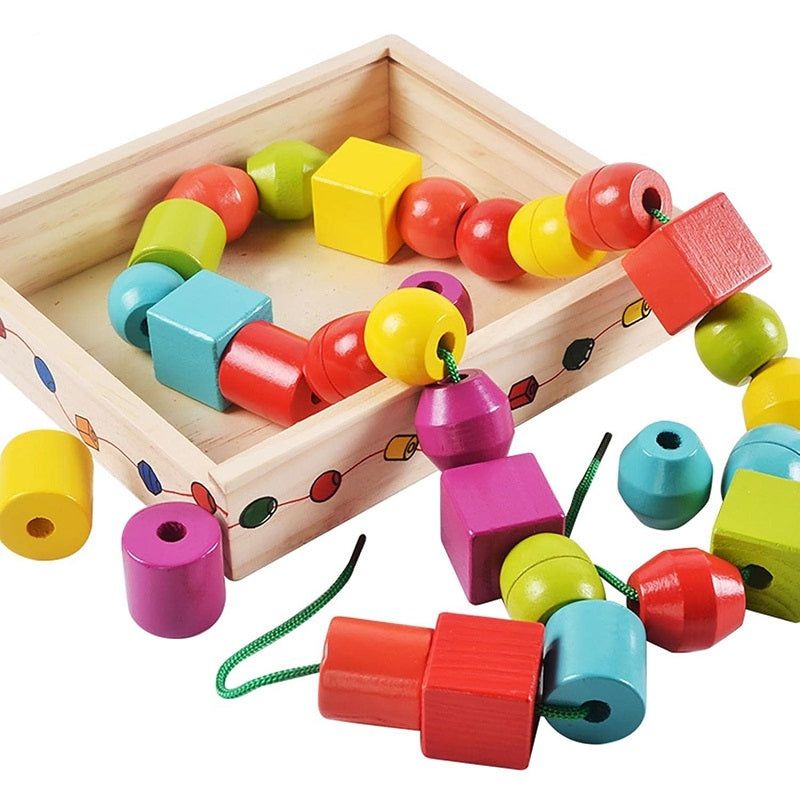 Wooden Building Blocks With Threading Lacing