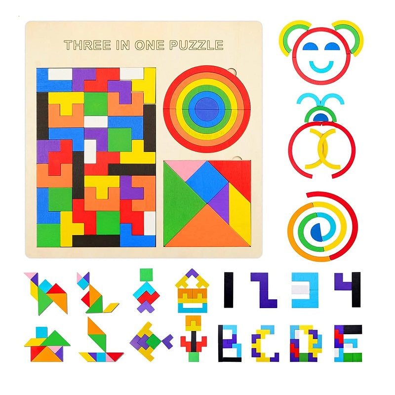 Wooden 3 in 1 Rainbow Puzzle Board
