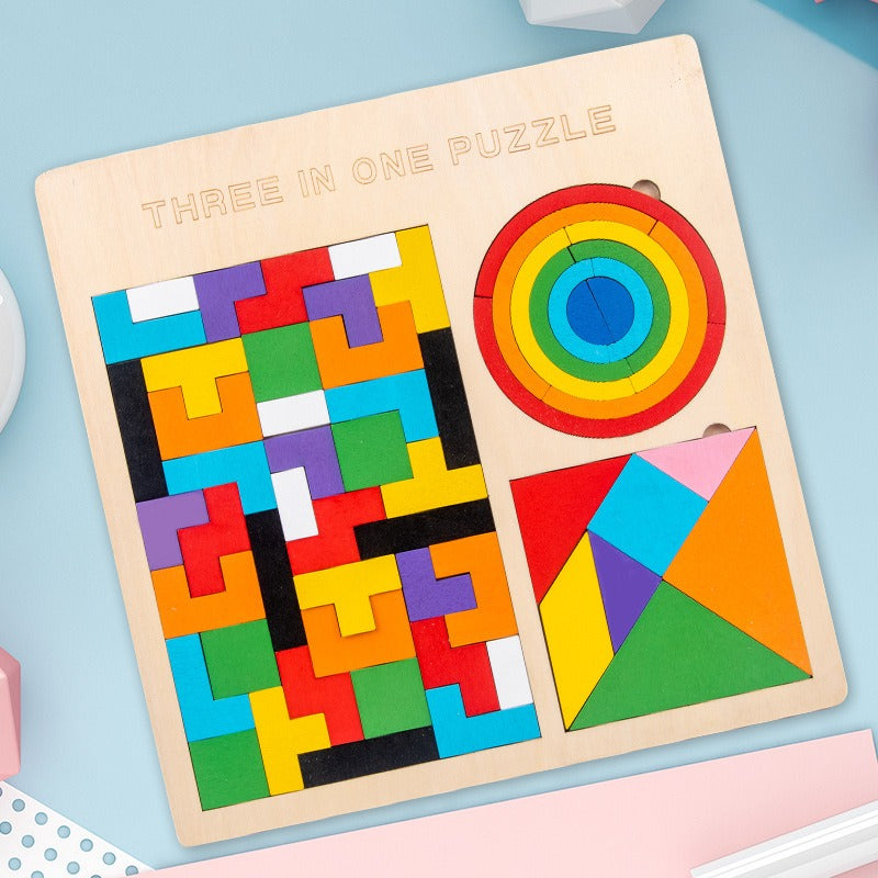 Wooden 3 in 1 Rainbow Puzzle Board