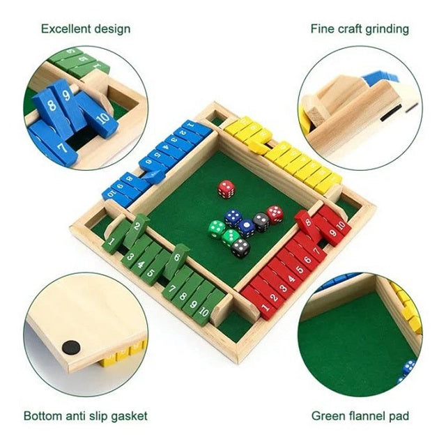 Wooden Shut The Box 4 Players Flaps & Dices Board