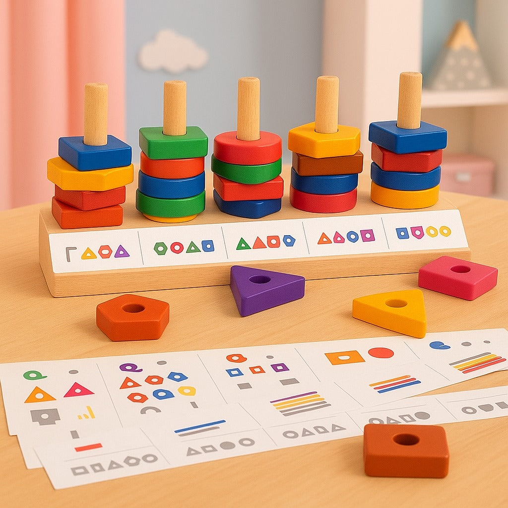 Wooden 5 Column Geometric Shapes Matching With Cards