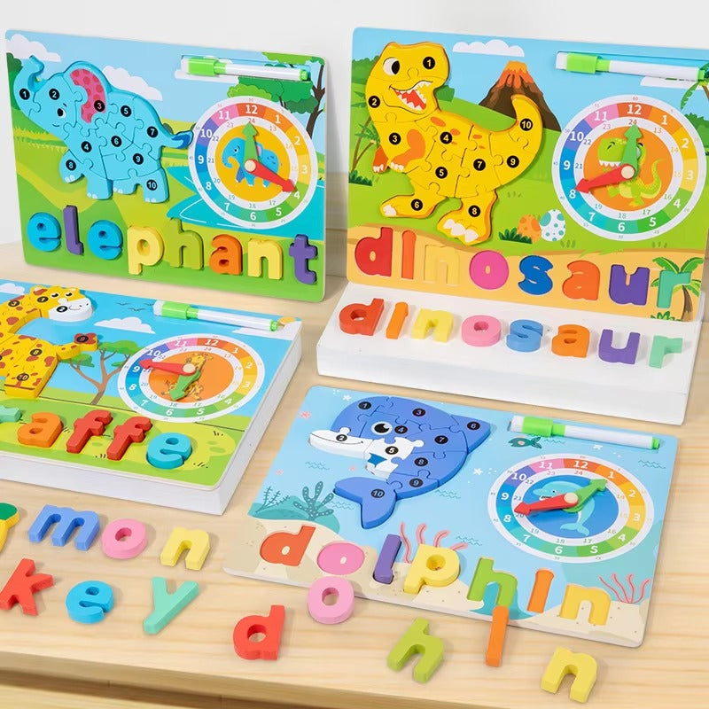 Wooden 3D Puzzle Sorting & Drawing Board With Clock