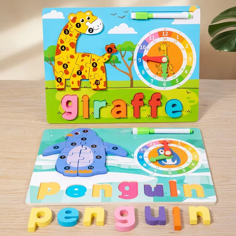 Wooden 3D Puzzle Sorting & Drawing Board With Clock