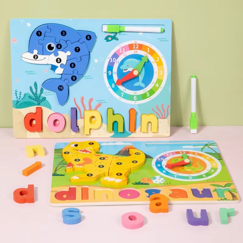 Wooden 3D Puzzle Sorting & Drawing Board With Clock