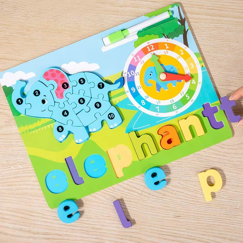 Wooden 3D Puzzle Sorting & Drawing Board With Clock