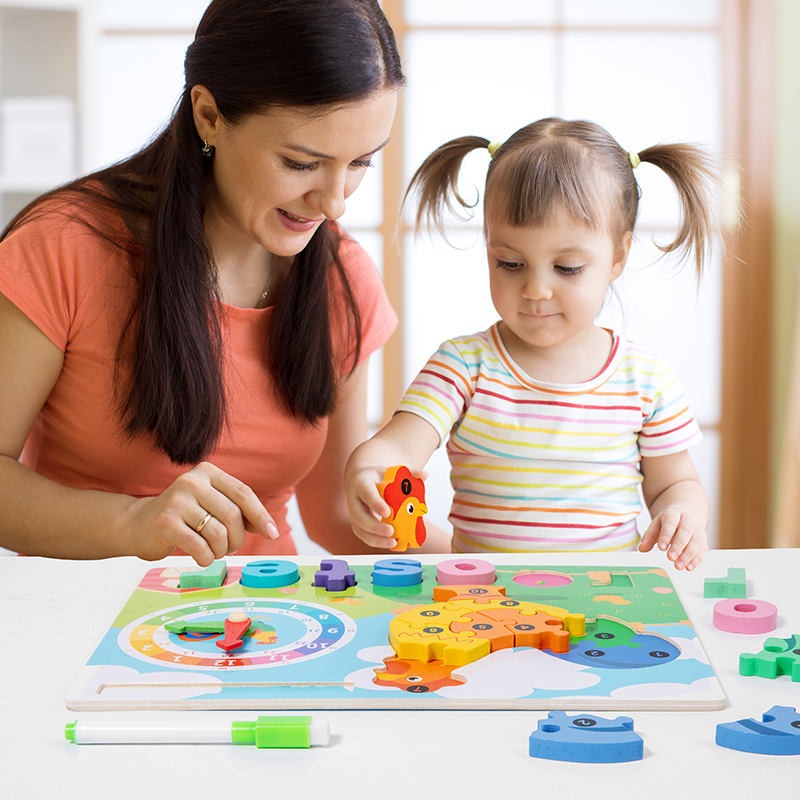 Wooden 3D Puzzle Sorting & Drawing Board With Clock
