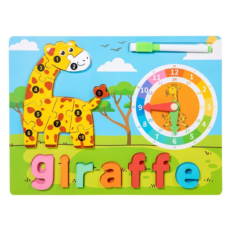 Wooden 3D Puzzle Sorting & Drawing Board With Clock
