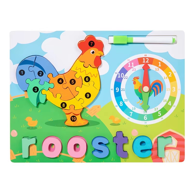 Wooden 3D Puzzle Sorting & Drawing Board With Clock 