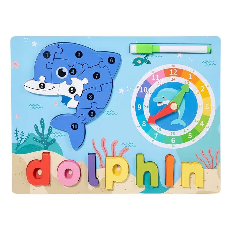 Wooden 3D Puzzle Sorting & Drawing Board With Clock