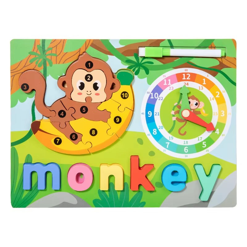 Wooden 3D Puzzle Sorting & Drawing Board With Clock
