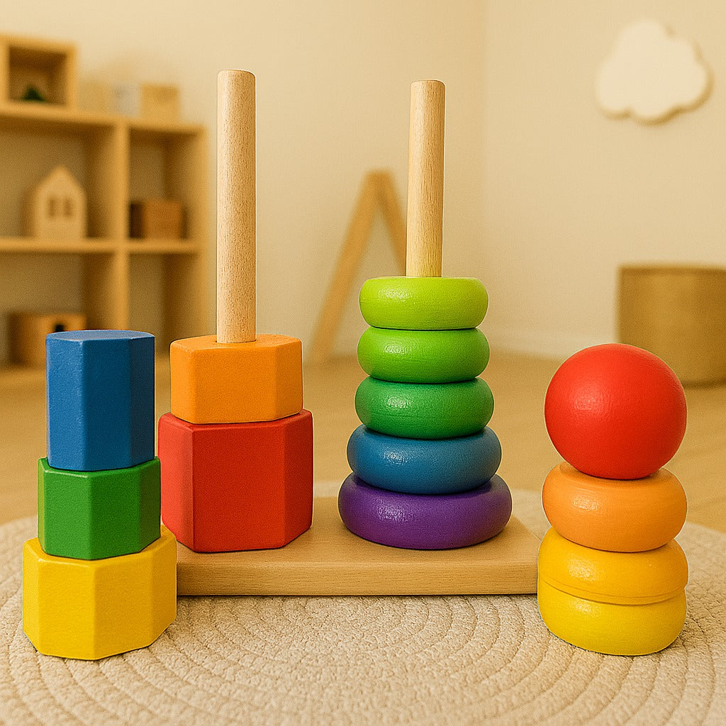 Wooden Montessori Multicolor Twin Stacking Ring Tower