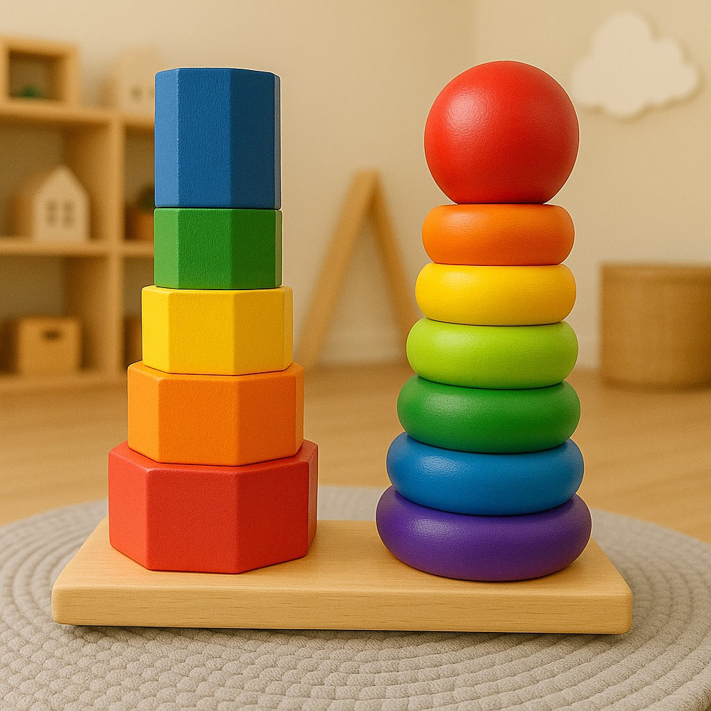 Wooden Montessori Multicolor Twin Stacking Ring Tower