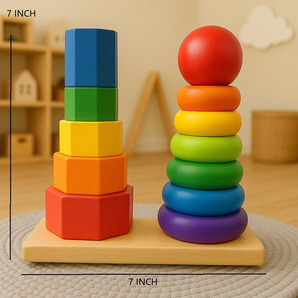 Wooden Montessori Multicolor Twin Stacking Ring Tower