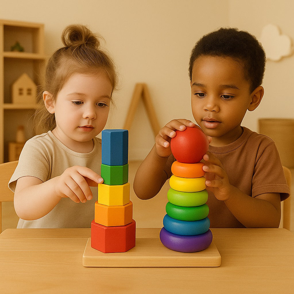 Wooden Montessori Multicolor Twin Stacking Ring Tower