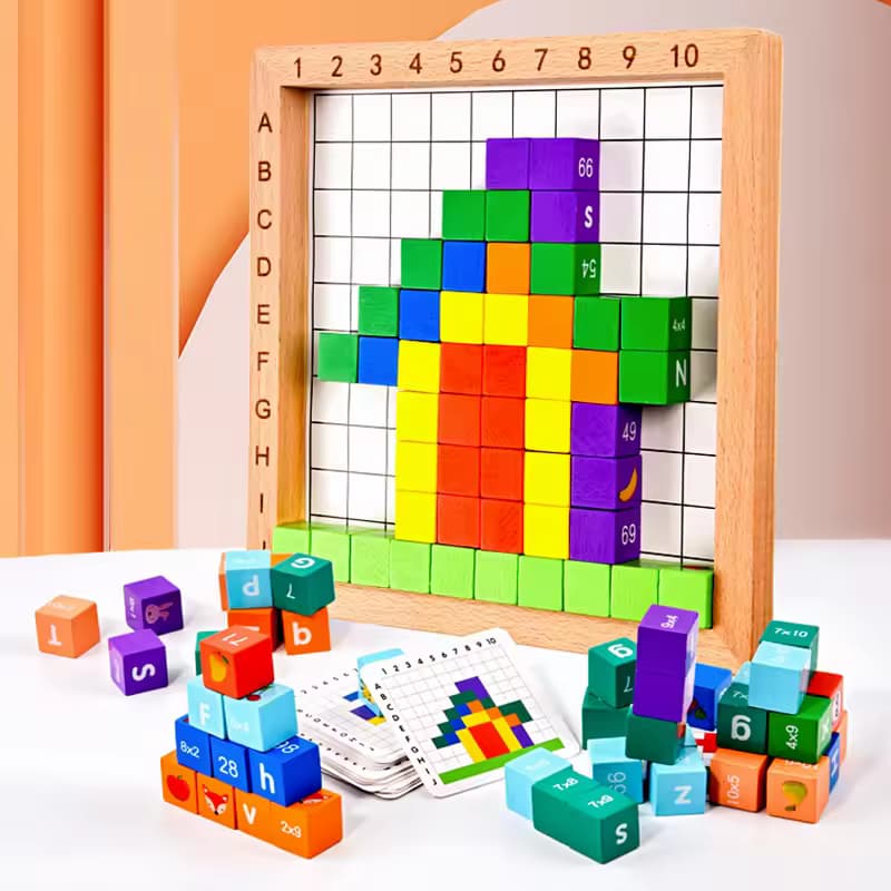 Building Blocks Flashcard Wooden Multifunctional Building Blocks Puzzle Board With Flash Cards ...