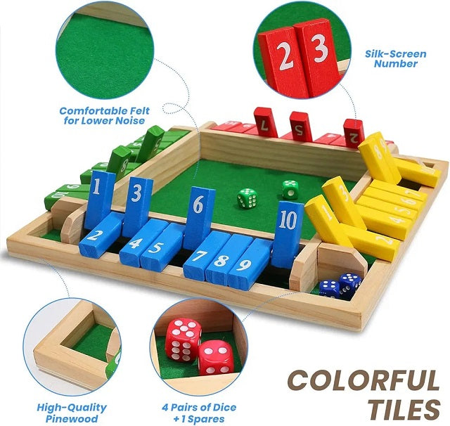 Wooden Shut The Box 4 Players Flaps & Dices Board
