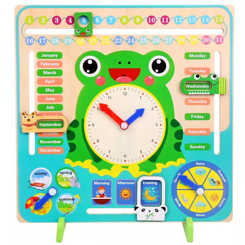 Wooden Multifunction Cognitive Frog Calendar & Clock