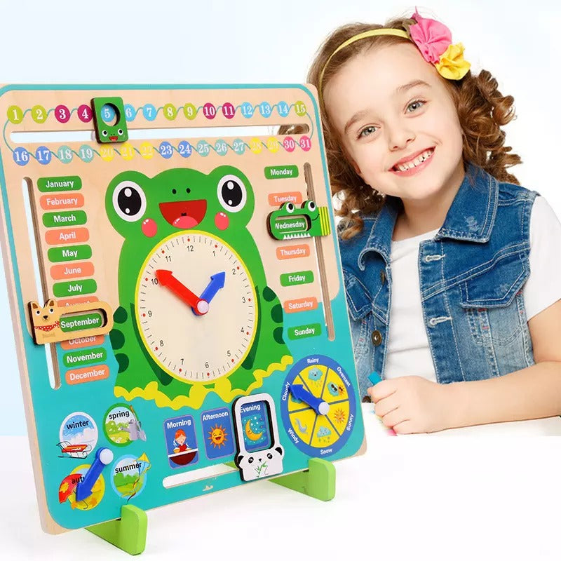 Wooden Multifunction Cognitive Frog Calendar & Clock