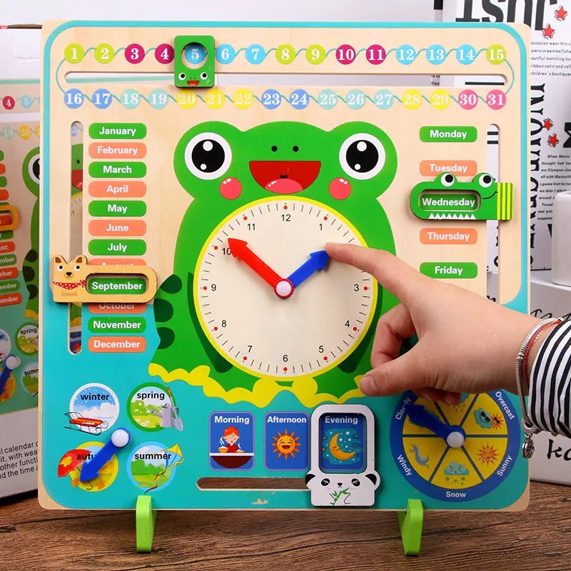 Wooden Multifunction Cognitive Frog Calendar & Clock