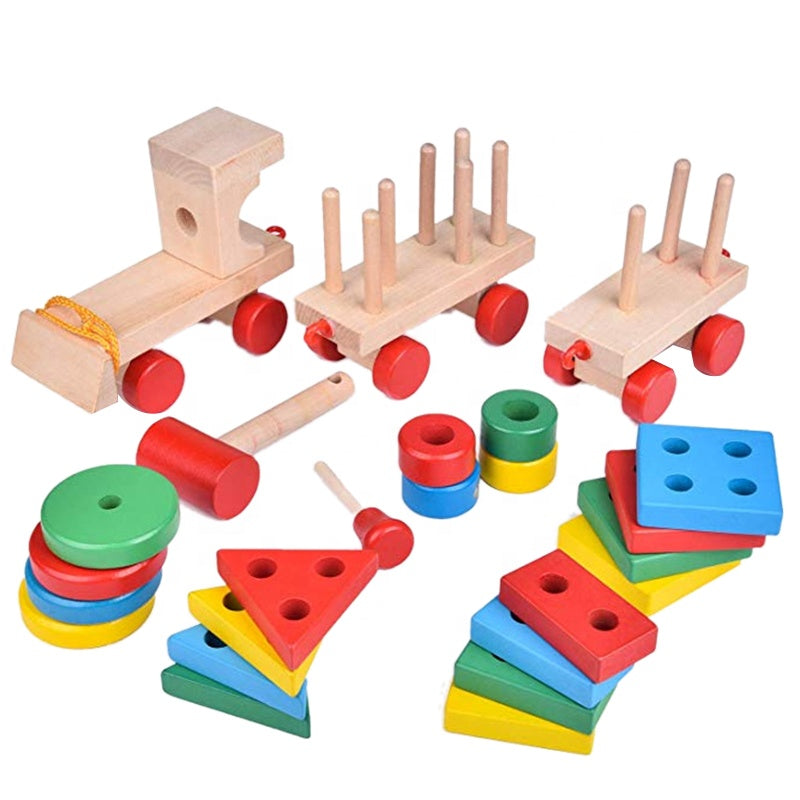 Stack And Sort Train Wooden Geometric Shapes Sorting & Stacking Activity Train – MGT Toys